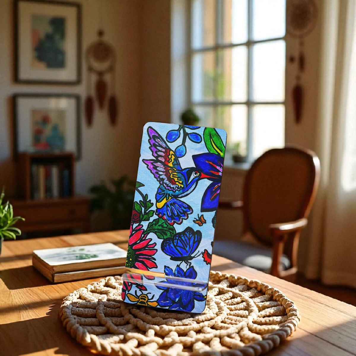 Mobile Display Stand with Handcrafted Spring Floral Artwork, Artisan Phone Holder Printify