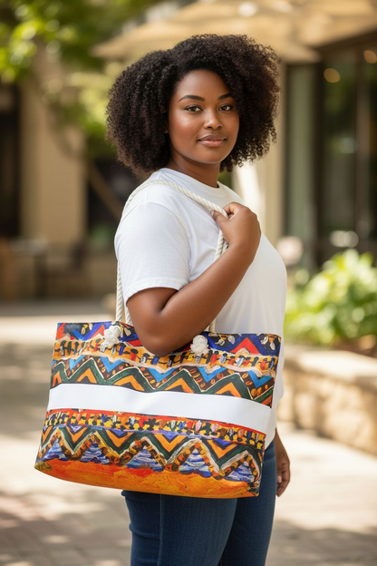 Artisan Aztec Textile Weekender Bag - Oversized, Durable Tote with Rope Handles