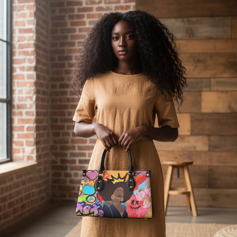 Tote bag featuring graffiti-style Afrocentric artwork, designed with black handles Yoycol