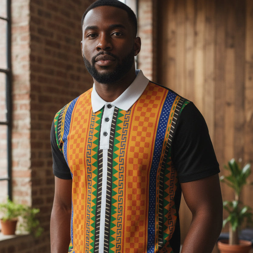 African Kente Stripe Polo Shirt — Vibrant Cultural Print Golf Polo Printify