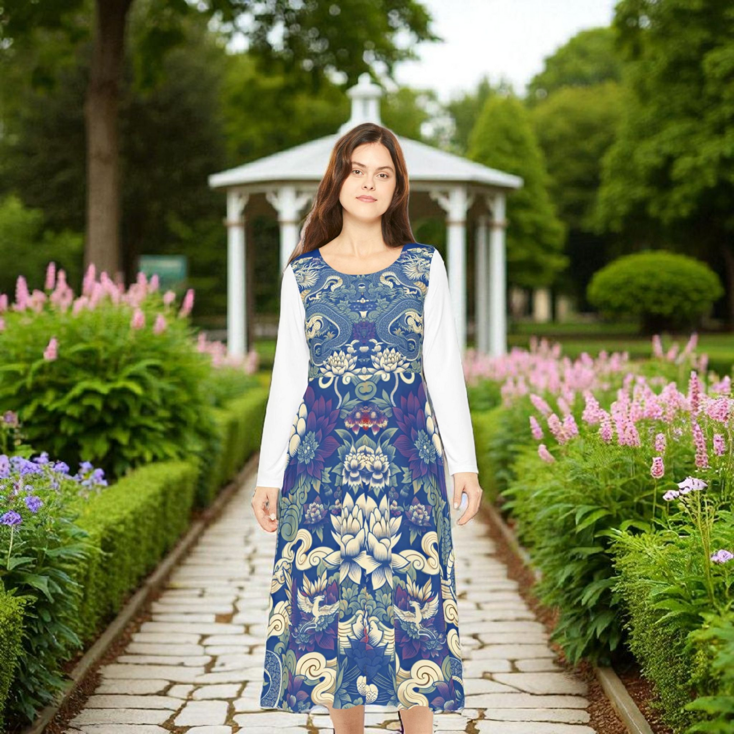 Unique Elegant Floral Print Long Sleeve Dance Dress, Perfect for Parties, Comfortable Fit