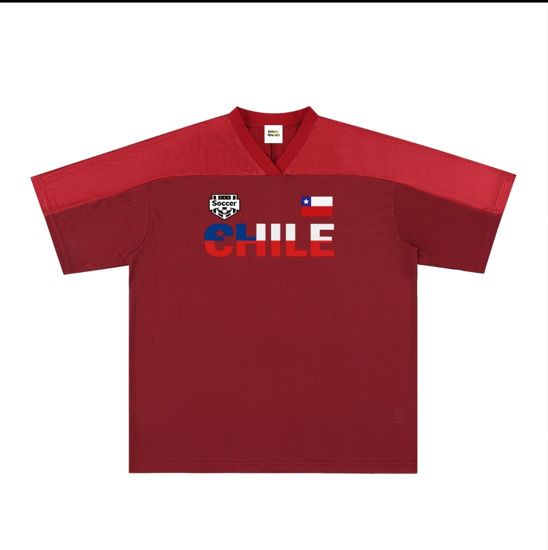 Chile Flag Themed Graphic Mesh V-Neck Soccer Jersey