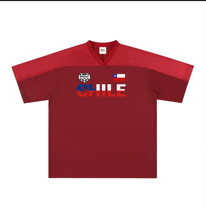 Chile Flag Themed Graphic Mesh V-Neck Soccer Jersey
