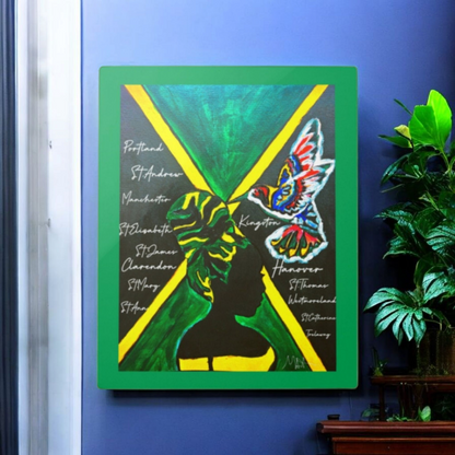 Handcrafted Ethnic Wall Art - Jamaican Female Portrait with Flag Colors, Cultural Home Accent