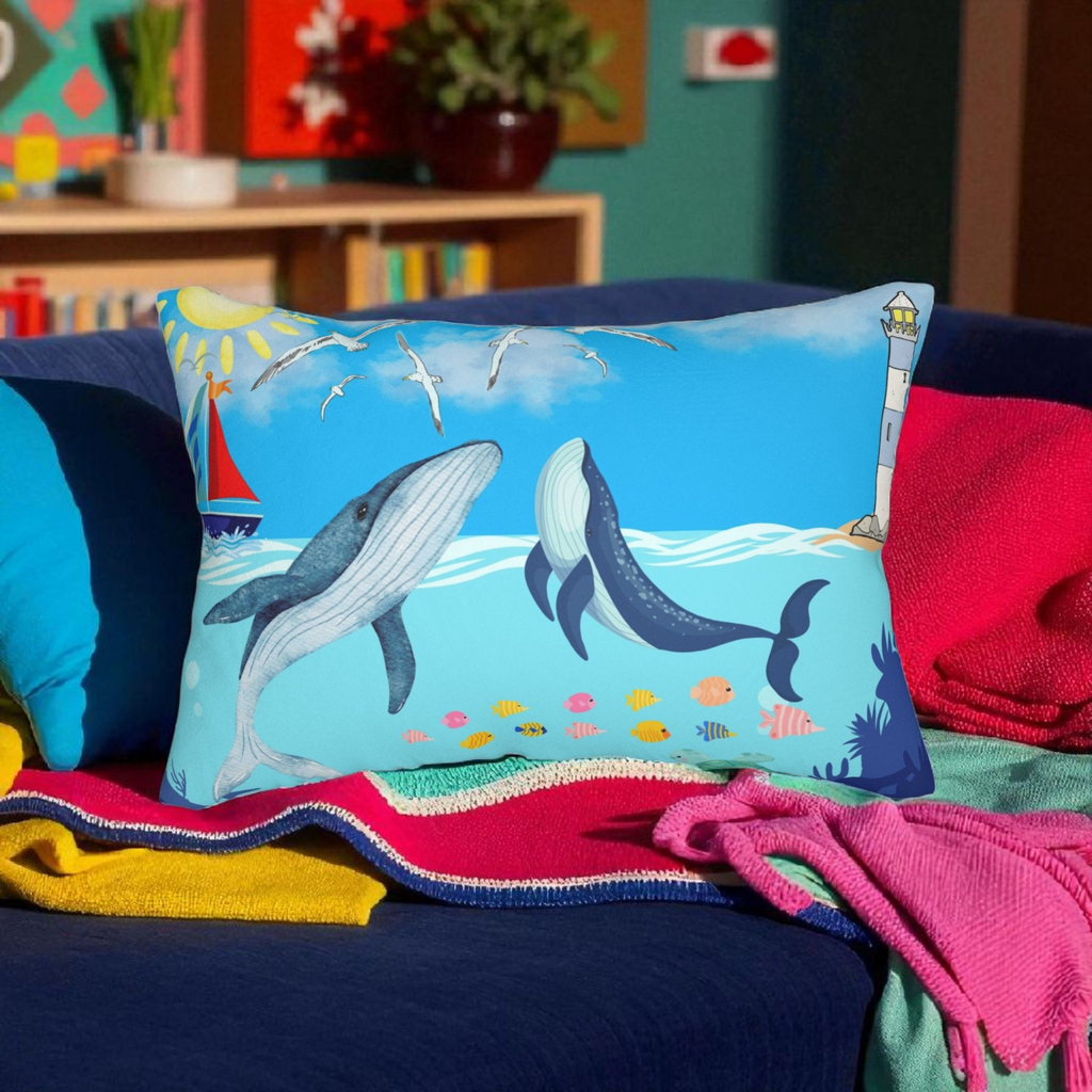 Whale Watching Lumbar Pillow - Coastal Decor for Beach Lovers Printify