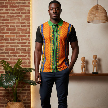 African Kente Stripe Polo Shirt — Vibrant Cultural Print Golf Polo