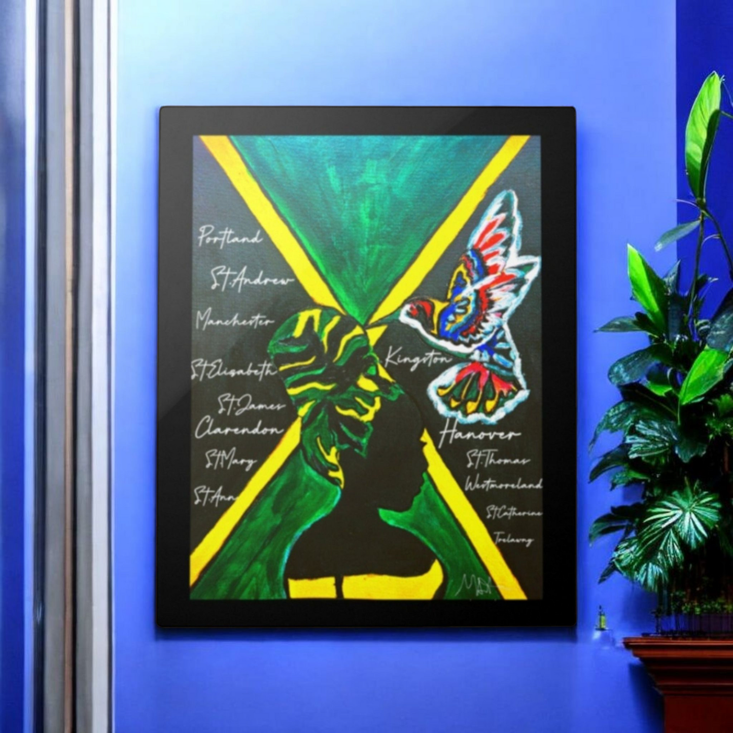 Handcrafted Ethnic Wall Art - Jamaican Female Portrait with Flag Colors, Cultural Home Accent