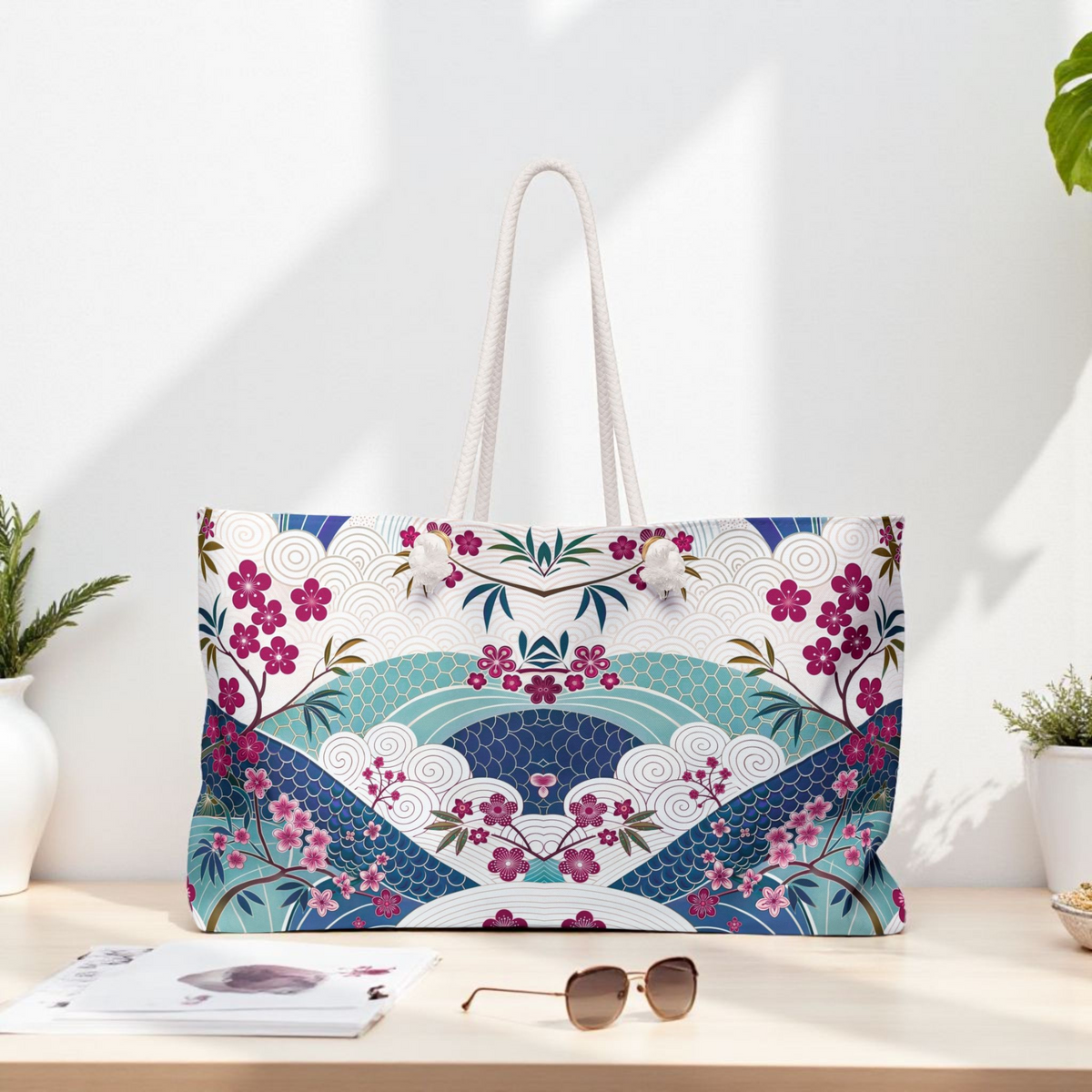 Japan Inspired  Stylish Floral Weekender Bag, Travel Tote, Floral Travel Bag Printify