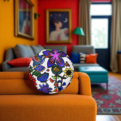 Colorful Round Tufted Floor Pillow with Hand Drawn Botanicals- Soft Accent Piece