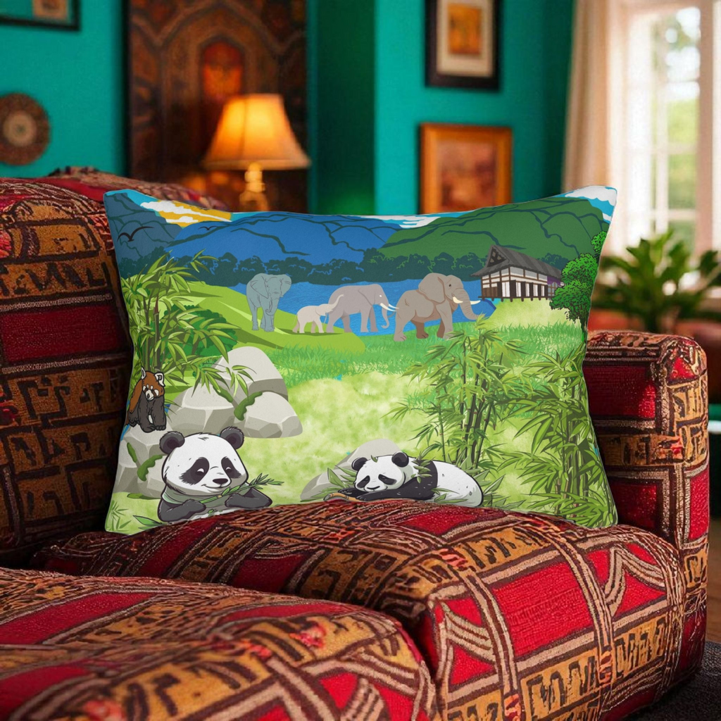 Cozy Wildlife Lumbar Pillow - Nature-Inspired Panda & Elephant Design Printify