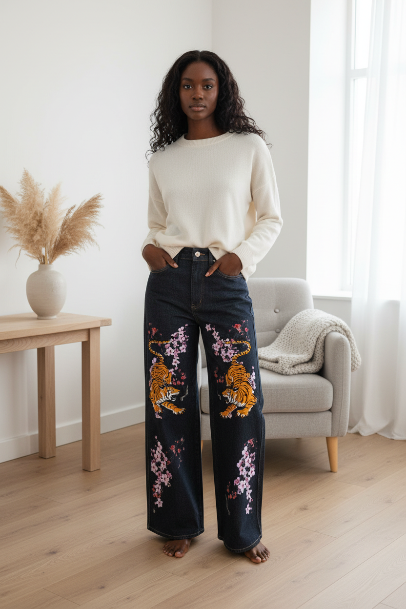 Colorful Tiger Art Graphic Women's Straight-Leg Denim Jeans