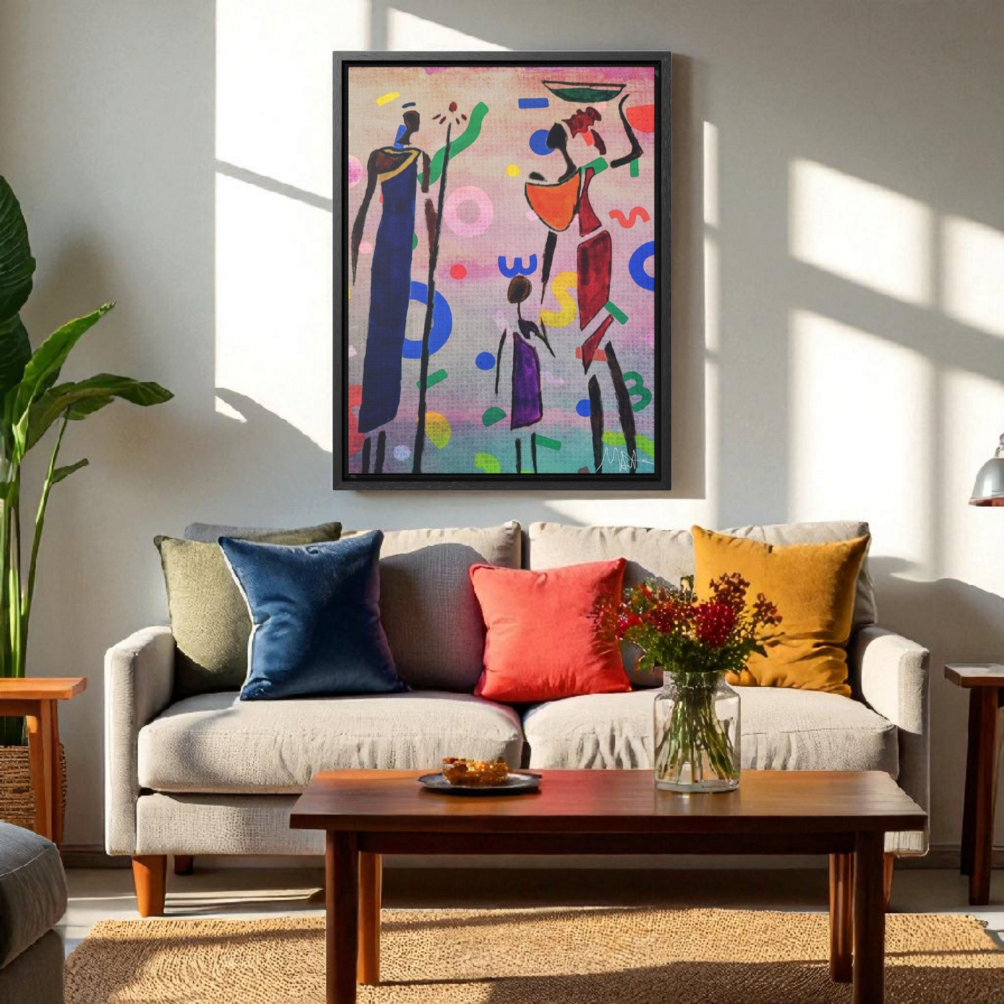 Tribal African Family Sketch - Handcrafted Wall Art, Authentic Home Decoration, Vertical Frame