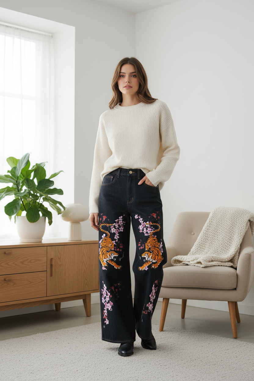 Colorful Tiger Art Graphic Women's Straight-Leg Denim Jeans