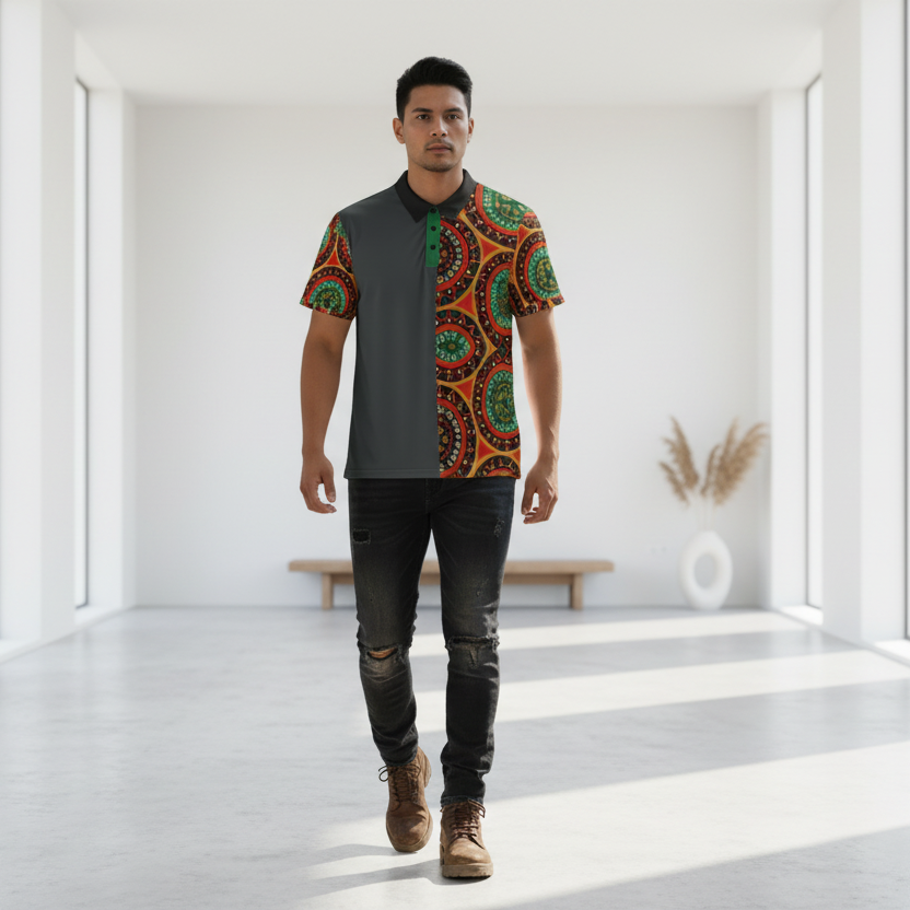 African Mandala Print Polo Shirt — Bold Orange & Green Tribal Pattern