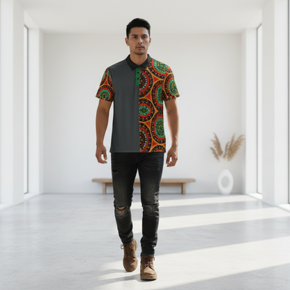 African Mandala Print Polo Shirt — Bold Orange & Green Tribal Pattern