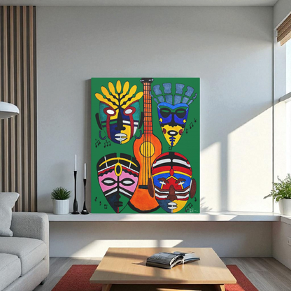 Tribal Mask Canvas, Singing Mask Painting, Wall Art Decor, Home Office Decoration