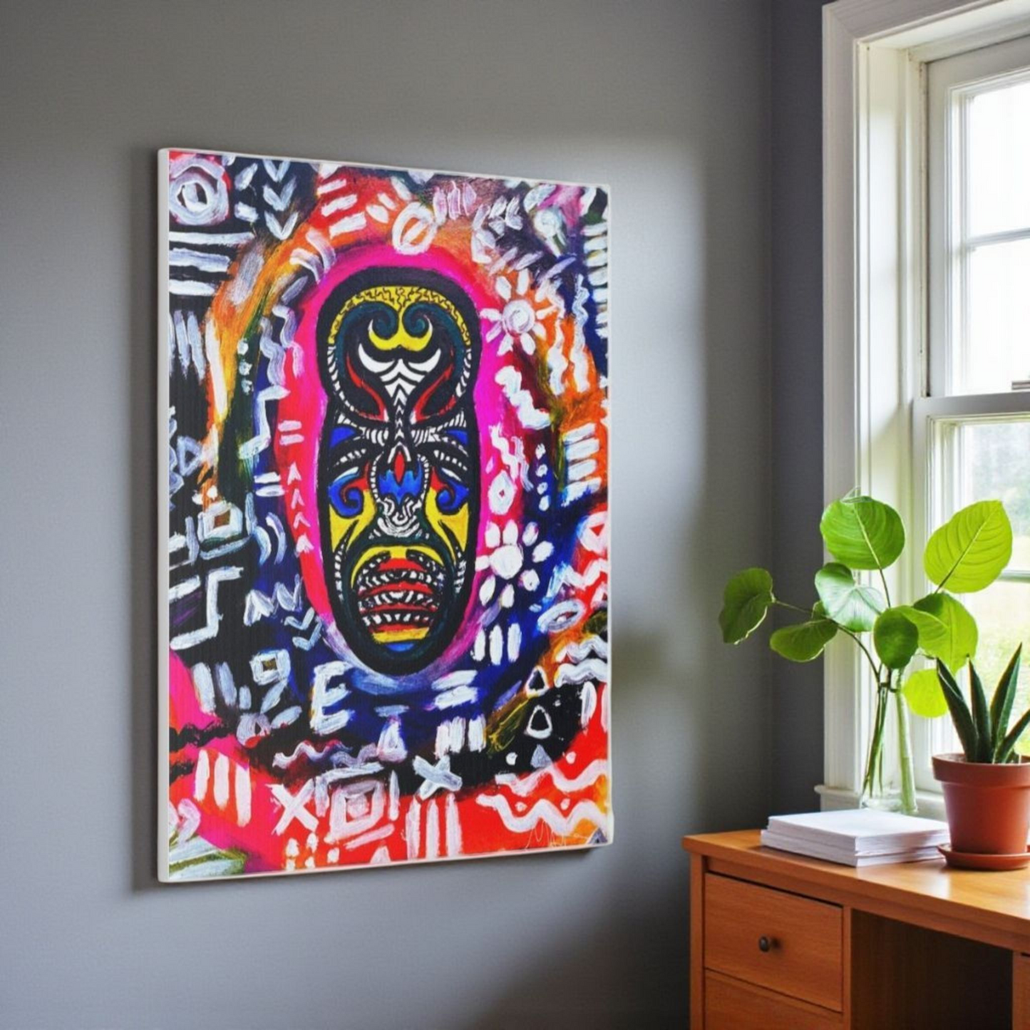 Artisan Tribal Mask Painting on Matte Stretched Canvas, Eco-Friendly Wall Art for Home Decor