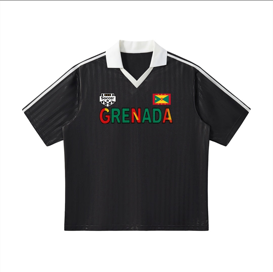 Grenada Flag Themed Graphic Collar Striped Soccer Jersey