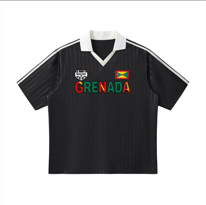 Grenada Flag Themed Graphic Collar Striped Soccer Jersey