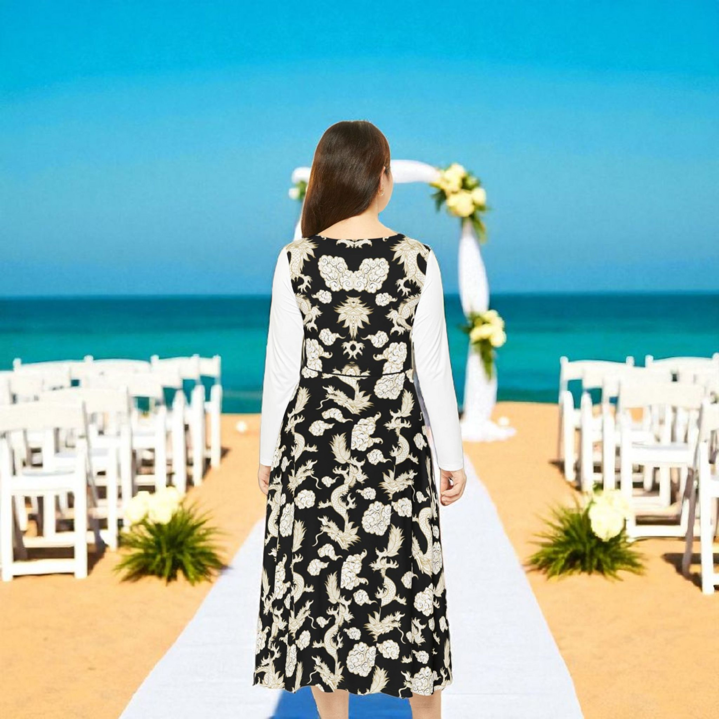 Elegant Dragon Print Long Sleeve Dance Dress | Boho Style, Dance Wear, Vintage Inspired