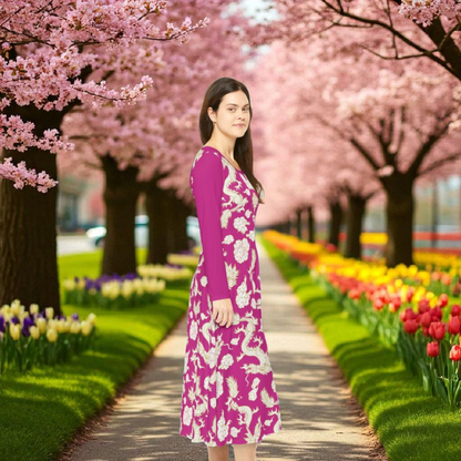 Pink Floral & Gragon Print Long Sleeve Dance Dress | Boho Style, Vintage Inspired