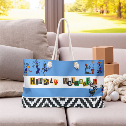 Handcrafted Ethnic Music Art Weekender Bag - Oversized, Durable Tote with Rope Handles