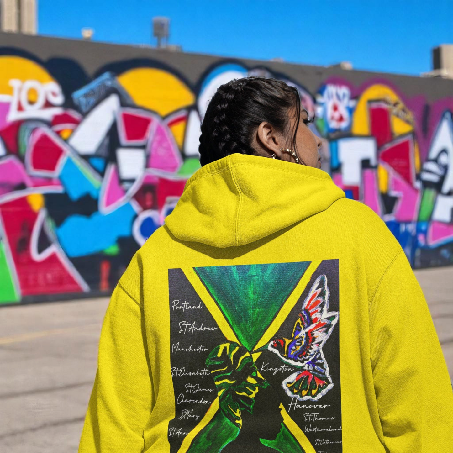 Illustrated Jamaican Woman Ethnic Streetwear Full Zip Hoodie, Jamaican Flag Colors