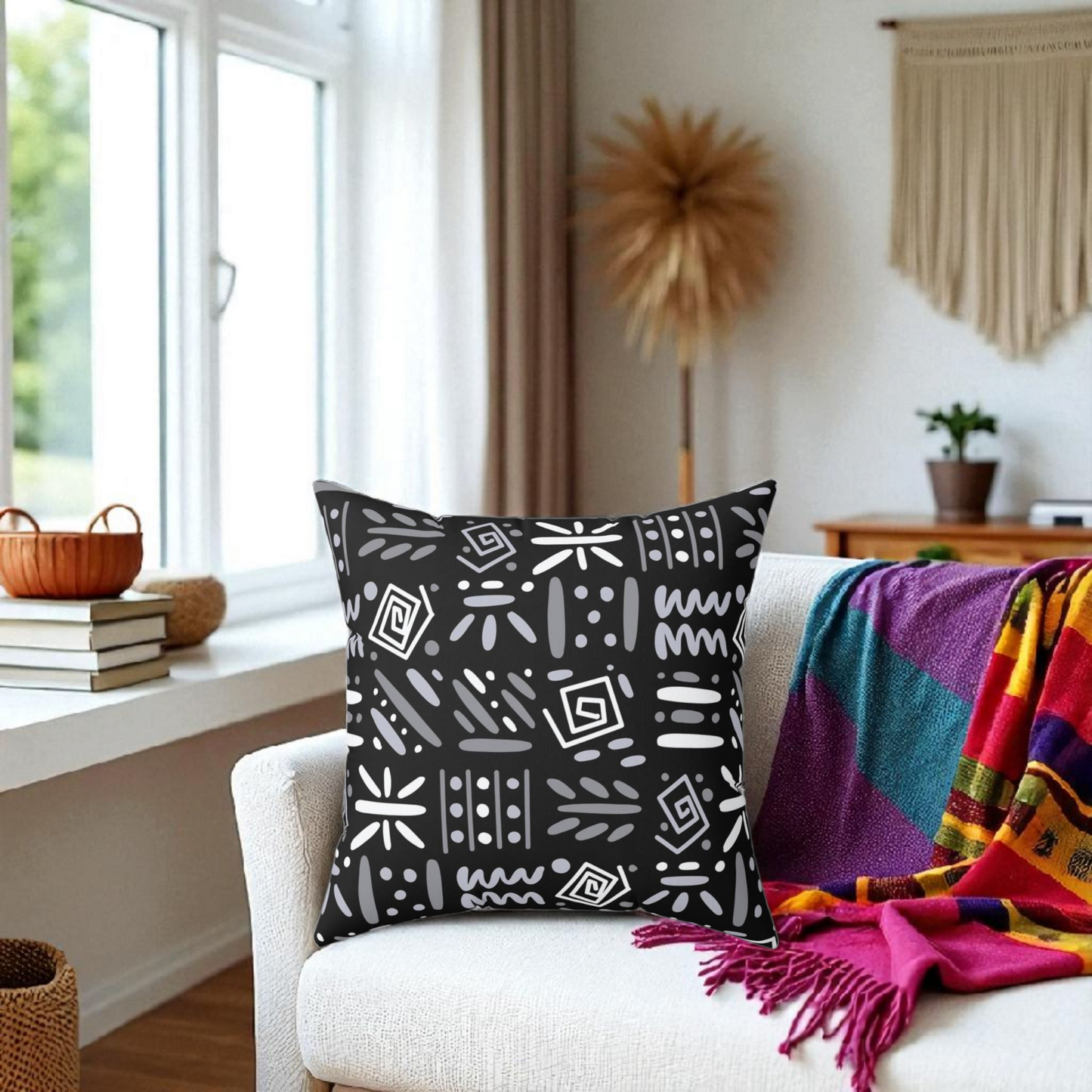 Boho Aztec Tribal Pattern Square Pillow - Double Sided Print Hidden Zipper