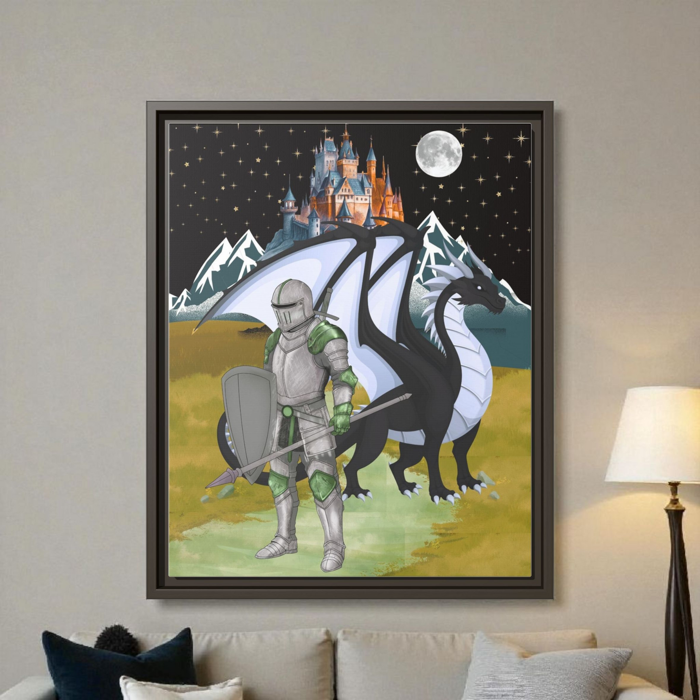 Framed Matte Canvas - Knight and Dragon Fantasy Art