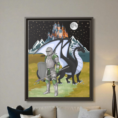 Framed Matte Canvas - Knight and Dragon Fantasy Art