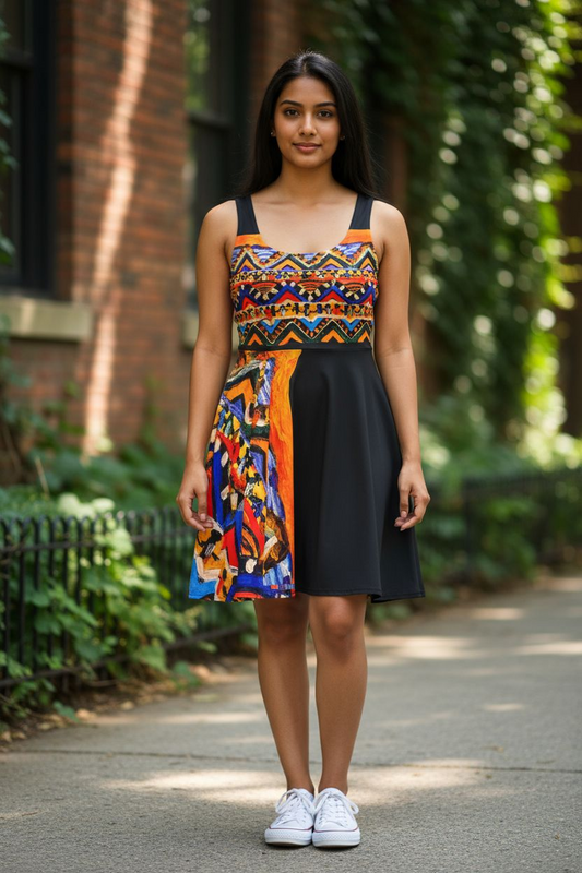 Boho Chic Handcrafted Women's Skater Dress – Tribal-Inspired Textile