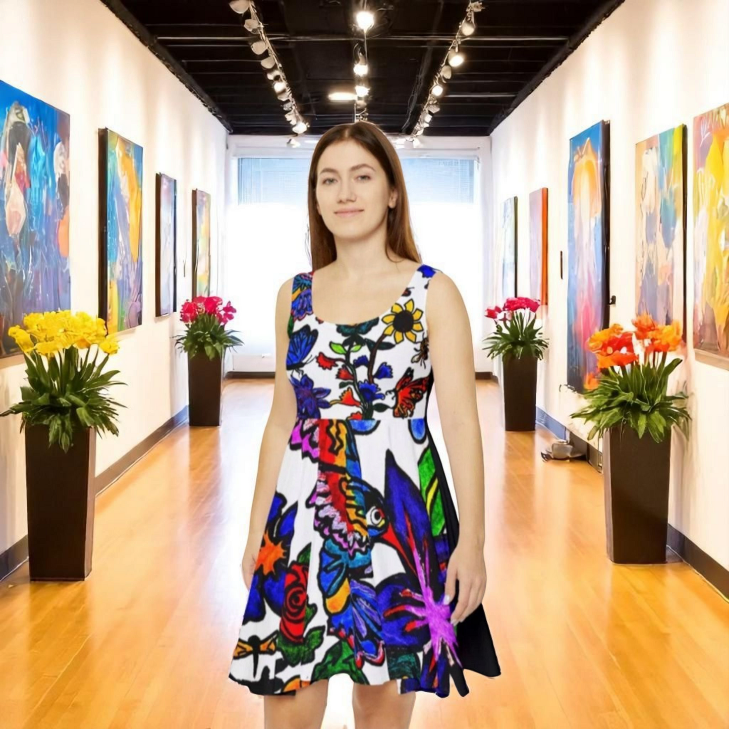 Artisanal Spring Floral Skater Dress - Vibrant Artwork Apparel - Perfect for Spring Outings