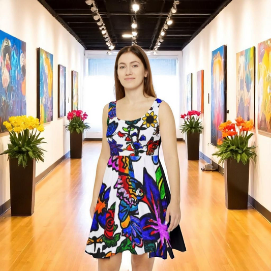 Artisanal Spring Floral Skater Dress - Vibrant Artwork Apparel - Perfect for Spring Outings