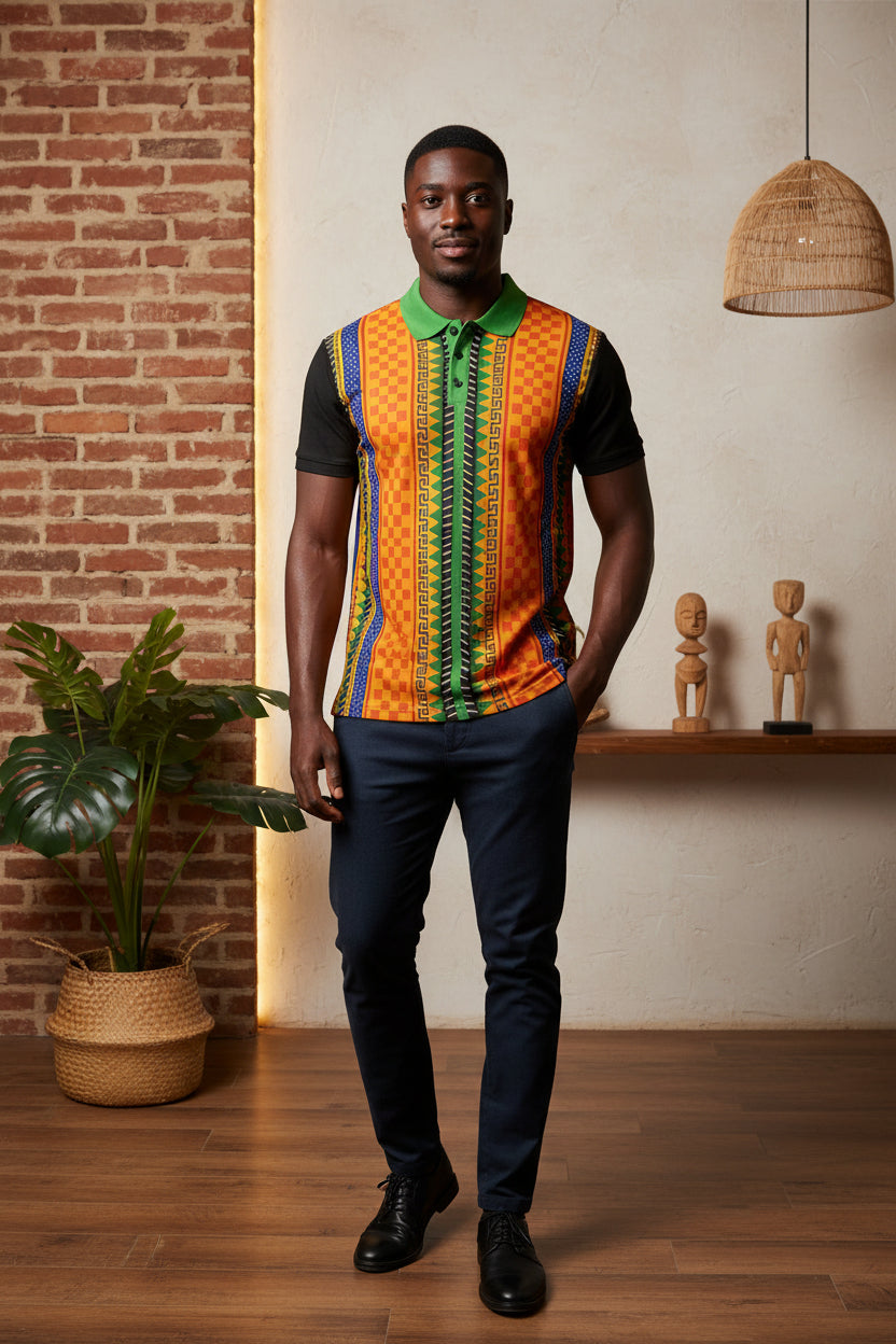 African Kente Stripe Polo Shirt — Vibrant Cultural Print Golf Polo