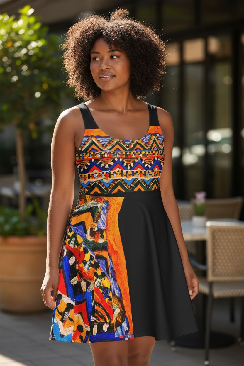 Boho Chic Handcrafted Women's Skater Dress – Tribal-Inspired Textile