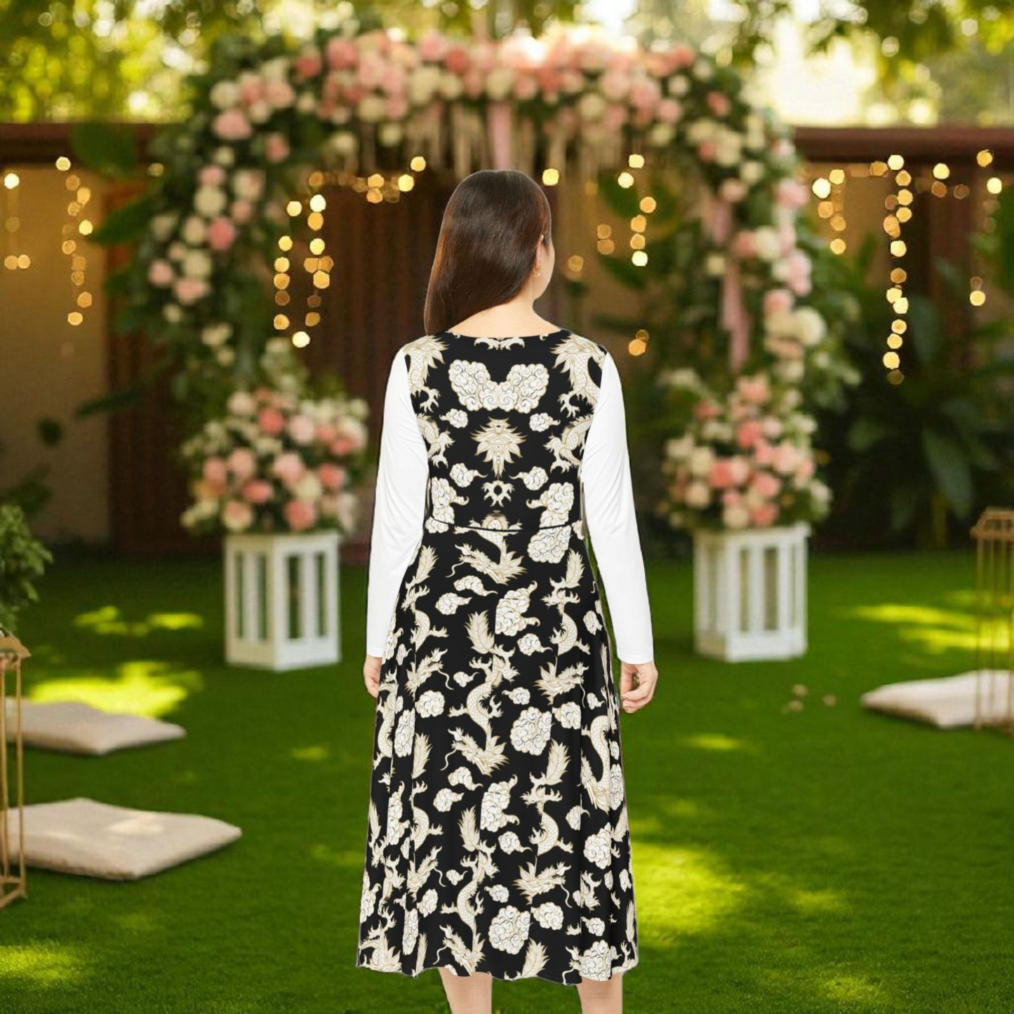 Elegant Dragon Print Long Sleeve Dance Dress | Boho Style, Dance Wear, Vintage Inspired