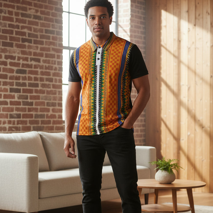 African Kente Stripe Polo Shirt — Vibrant Cultural Print Golf Polo Printify