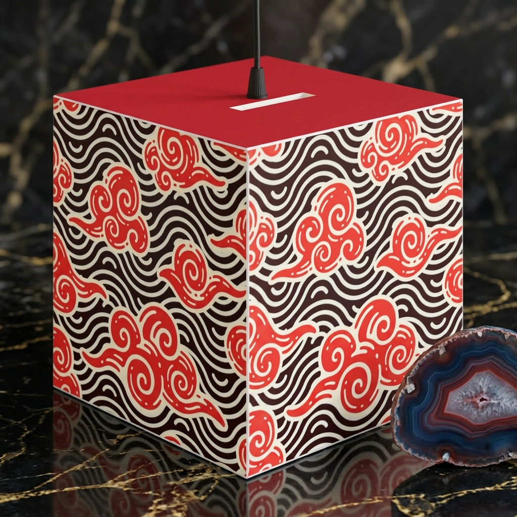 Japanese Wave Cube Lamp — Red Kumo Pattern Light