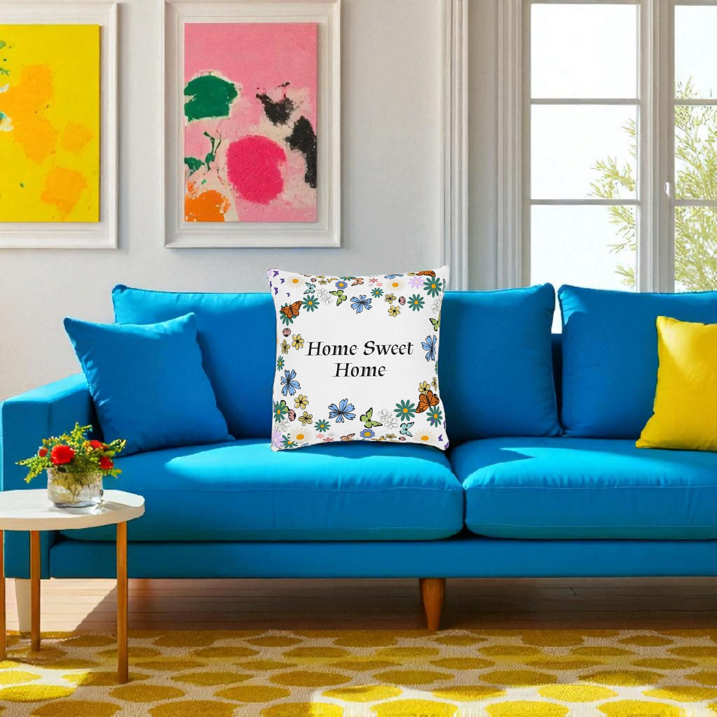 Floral Home Sweet Home Square Pillow - Cozy Decor for Living Room & Bedroom