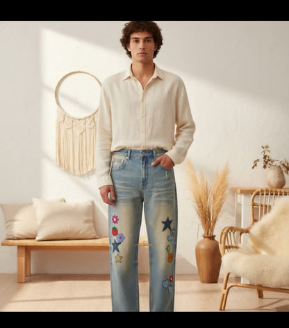 Women's Sticker Themed Graphic Sun Fade Raw Hem Denim Jeans