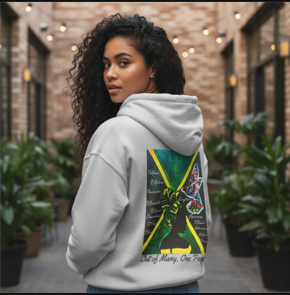 Illustrated Jamaican Woman Ethnic Streetwear Full Zip Hoodie, Jamaican Flag Colors