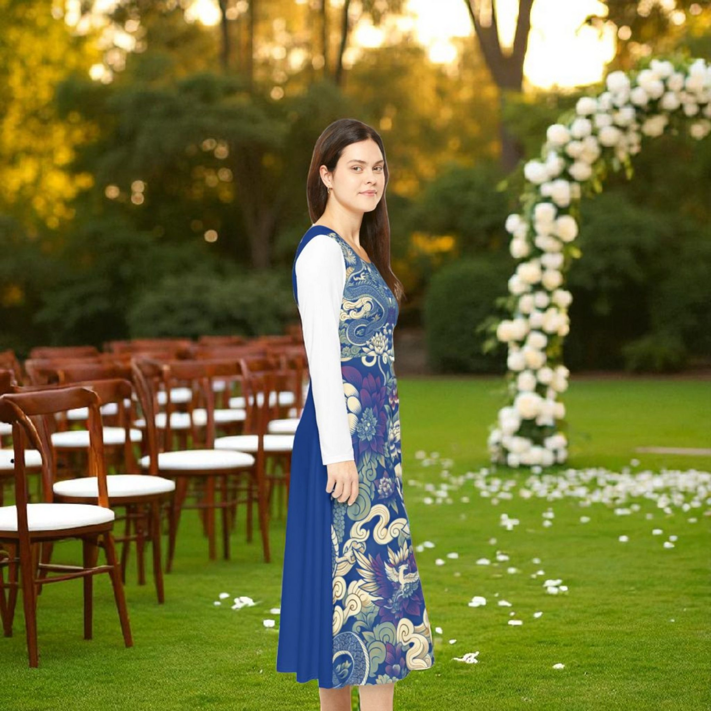 Unique Elegant Floral Print Long Sleeve Dance Dress, Perfect for Parties, Comfortable Fit