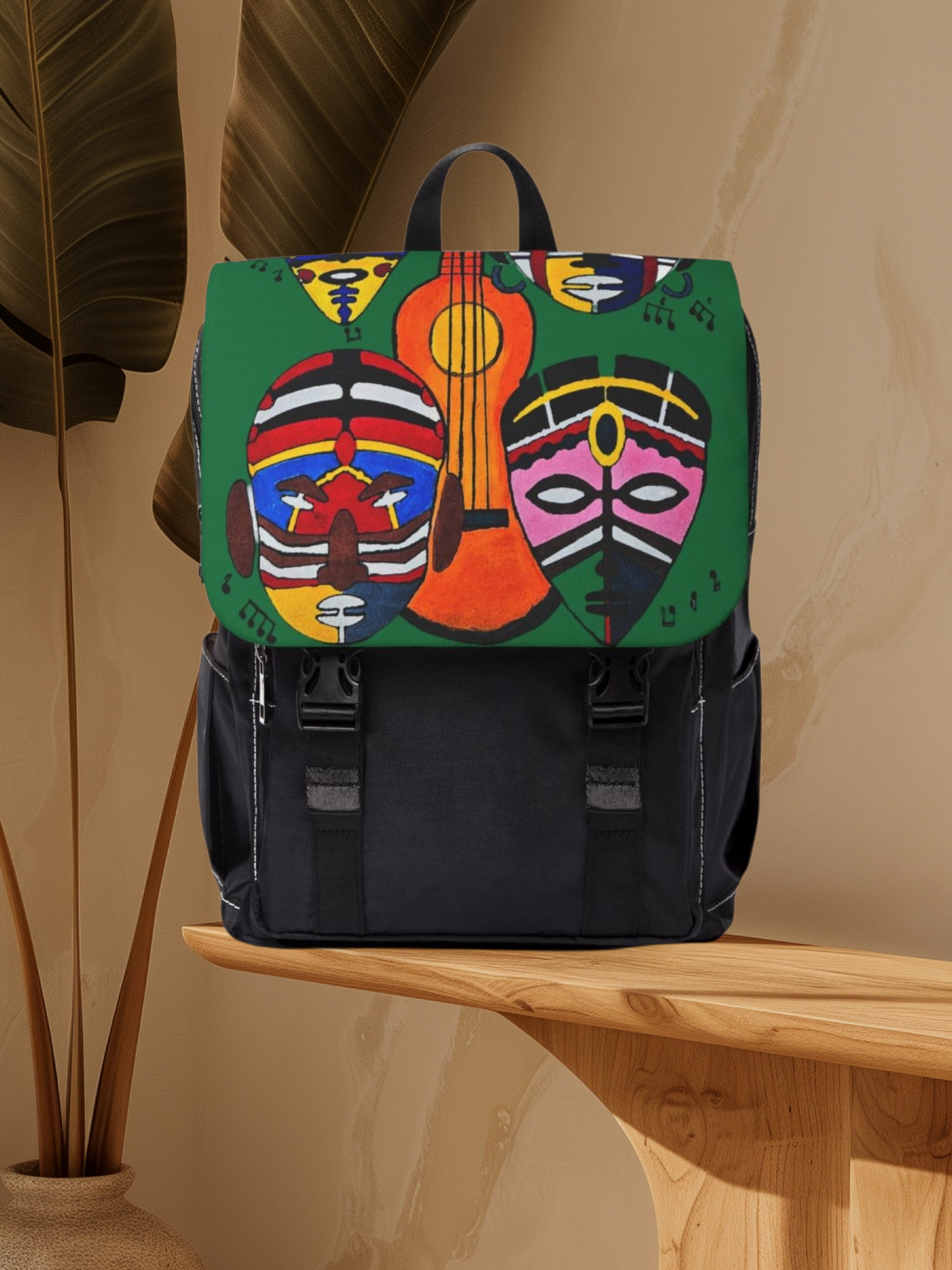 Afro Music Guitar Cartoon Backpack, Handcrafted Unisex Shoulder Bag, Music Lover Gift