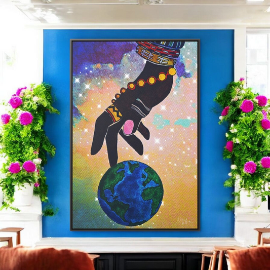 Cosmic Ethnic Wall Art - Handcrafted Astronomical Painting, Unique Space-Themed Decor, Vertica Frame