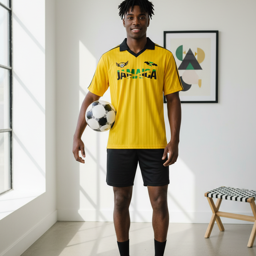 Jamaican Flag Themed Unisex Graphic Contrast Collar Striped Soccer Jersey
