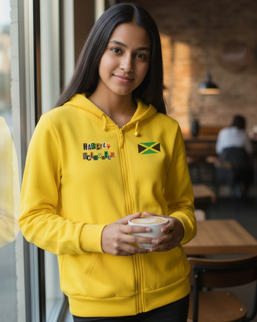 Illustrated Jamaican Woman Ethnic Streetwear Full Zip Hoodie, Jamaican Flag Colors