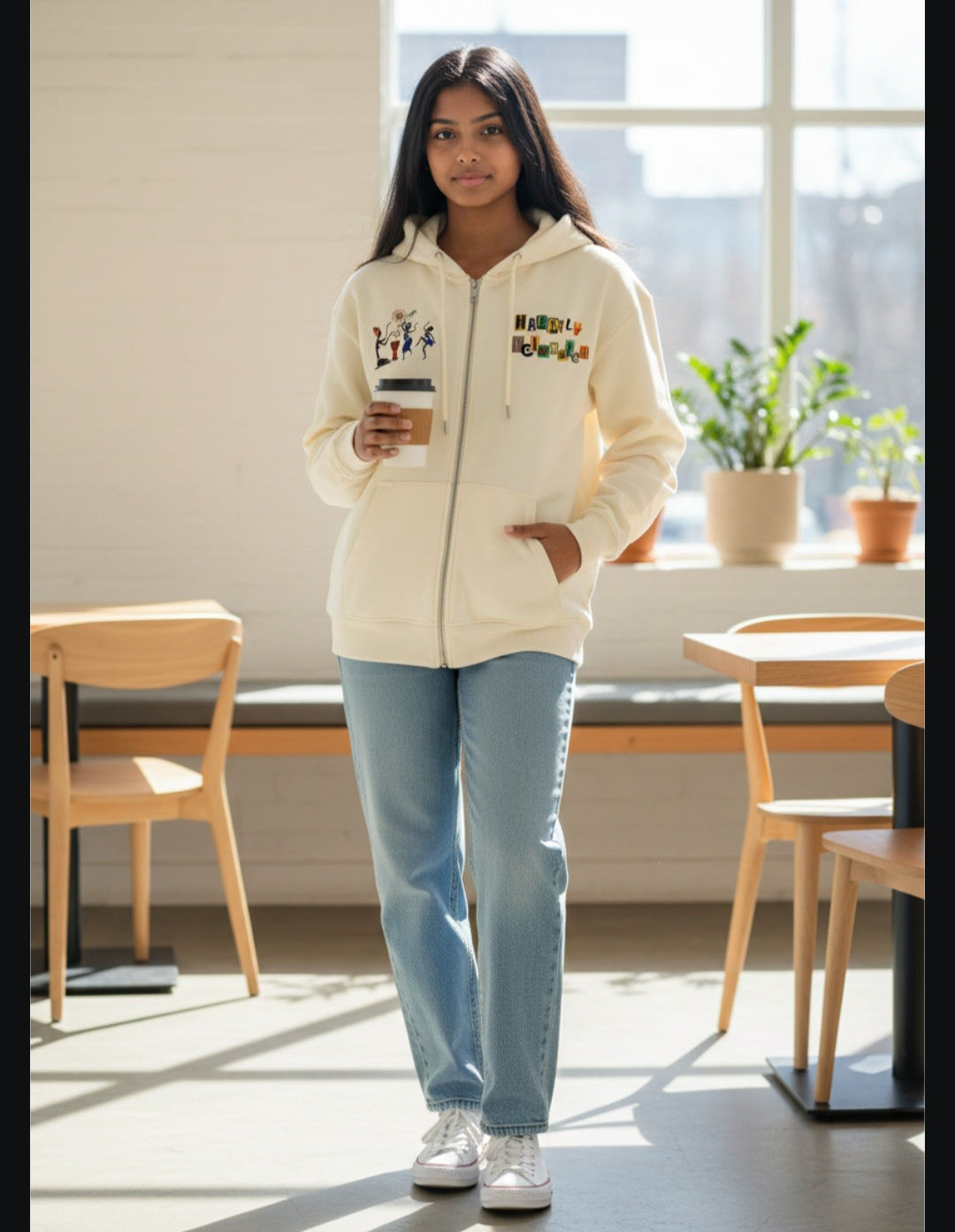 Jazz Singer Graphic Double Layered Zip Hoodie, Contrast Tape Raw Edge