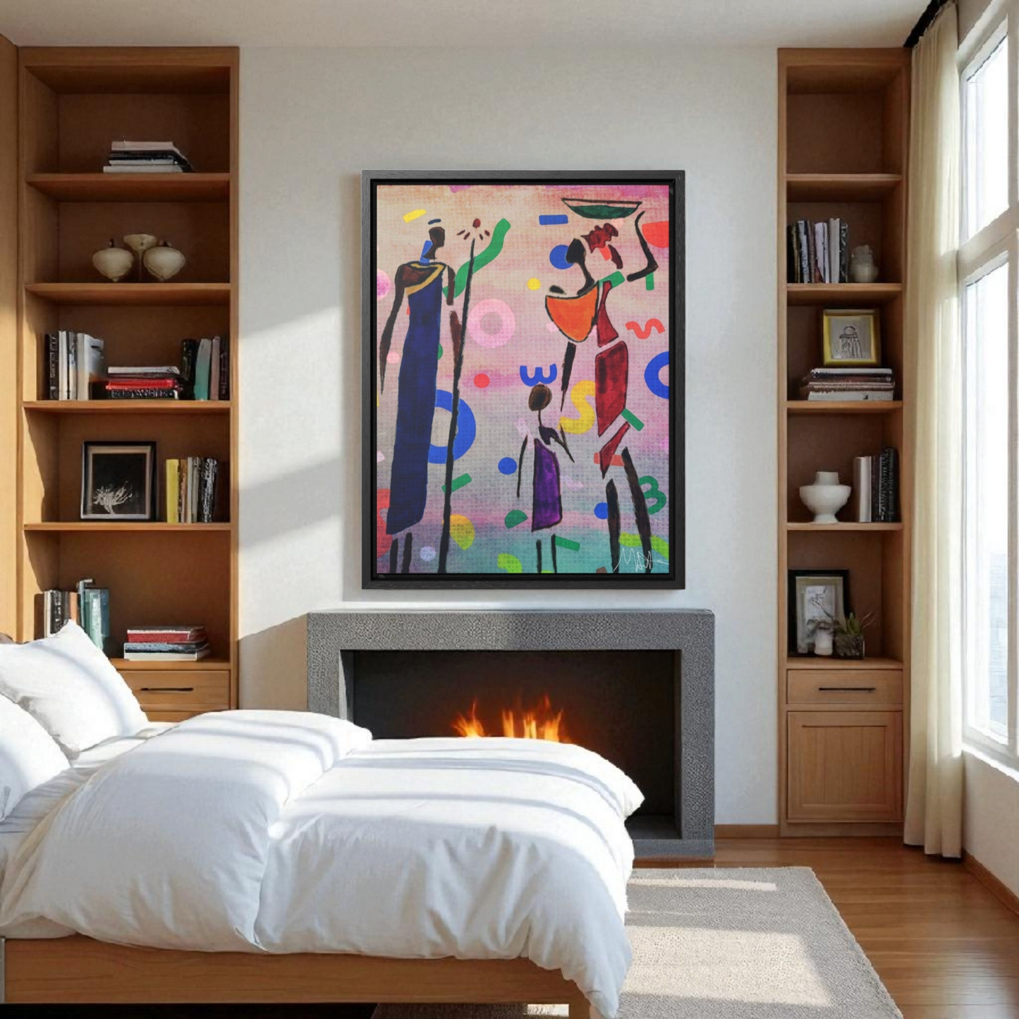 Tribal African Family Sketch - Handcrafted Wall Art, Authentic Home Decoration, Vertical Frame