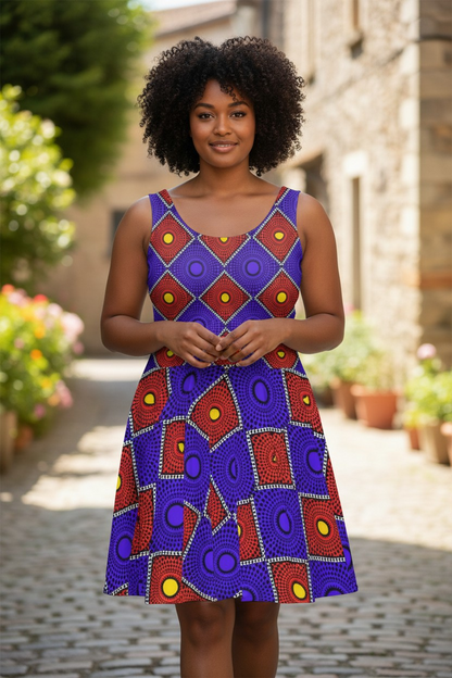 African Wax Print Skater Dress — Bold Purple & Red Geometric Pattern