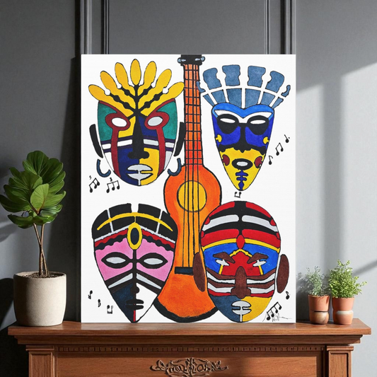 Tribal Mask Canvas, Singing Mask Painting, Wall Art Decor, Home Office Decoration